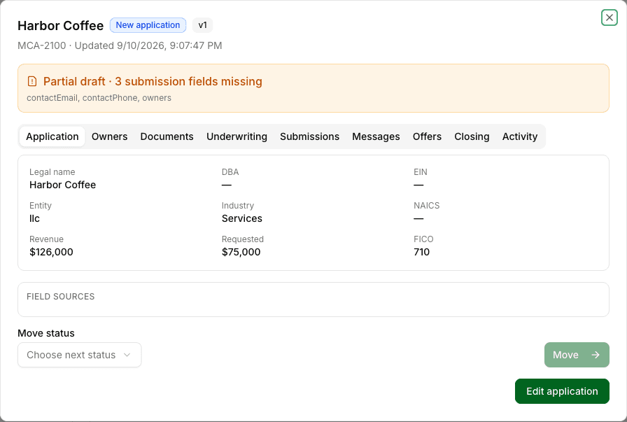 Synthetic Harbor Coffee application and its required fields in Fundlane