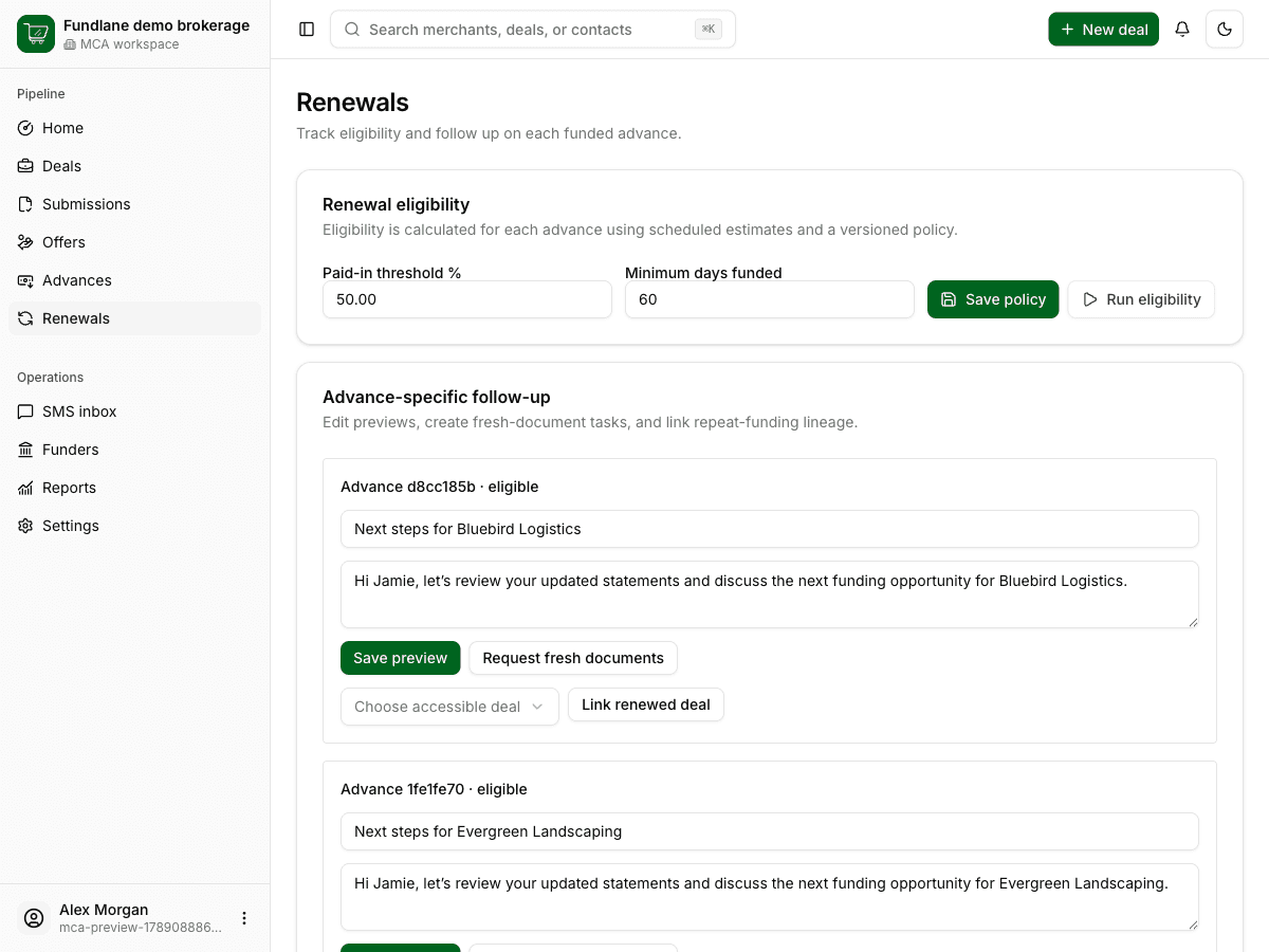 Fundlane renewal workspace with illustrative funding and eligibility records