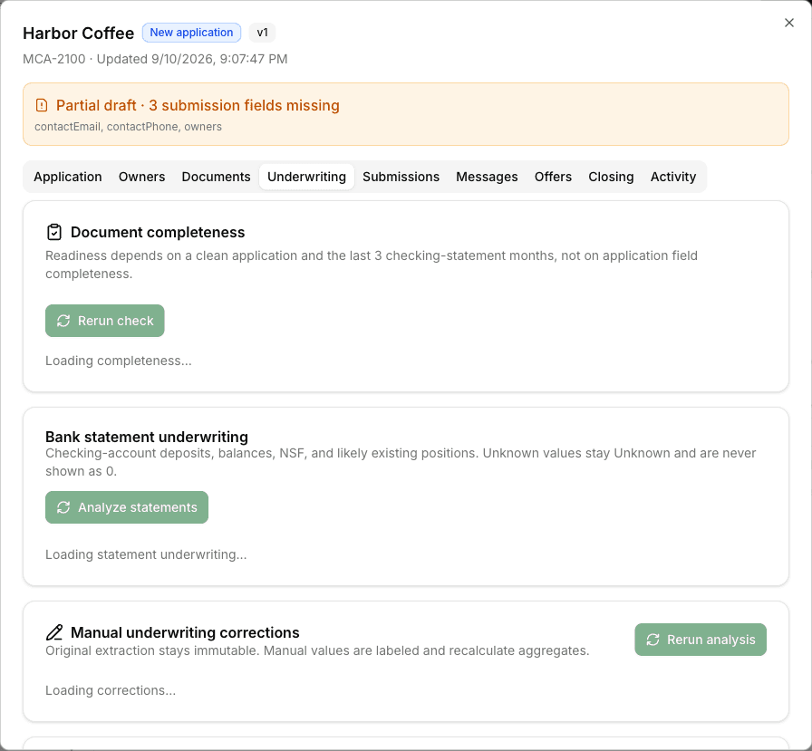 Fundlane underwriting review for an illustrative merchant application